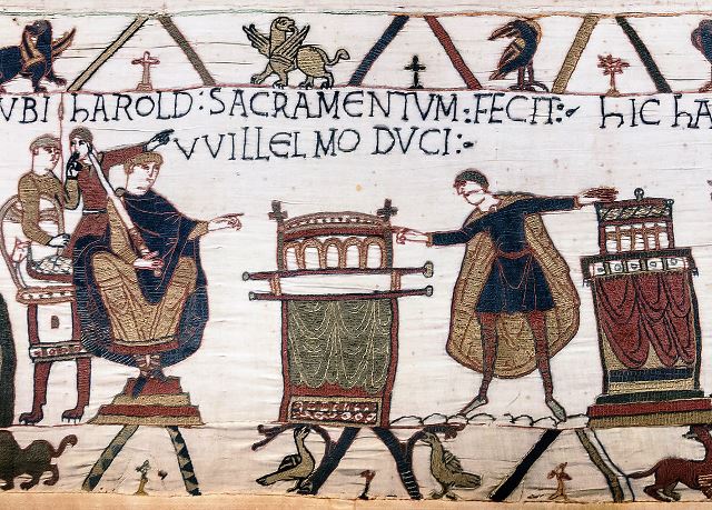 Bayeux_Tapestry_scene23_Harold_sacramentum_fecit_Willelmo_duci
